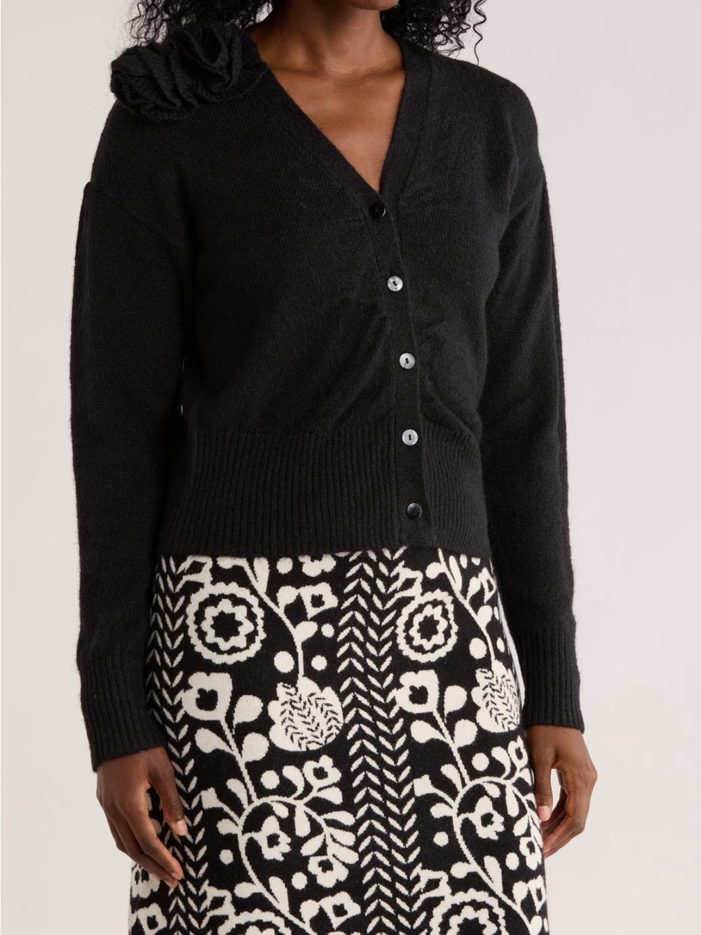Elie Tahari Metallic Rosette V-Neck Buttoned Cardigan